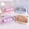 Pencil Bags Transparent Portable Cartoon Rabbit Large Capacity Pencil Case Double Layer Pen Bag Stationery Organizer Makeup Storage Pouch J230306