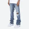 Men's Jeans Contrast Color Hole Washed Blue for Men Streetwear Loose Ripped Flare Pants Frayed Retro Casual Oversized Denim Trousers 230306