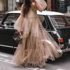 Casual Dresses 2023 Summer New Women's V-neck Fashion Bubble Sleeve Mesh Perspective Dress Long Dress T230303