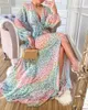 Casual jurken 2023 Nieuwe damesjurk Deep V Lantern Sleeve Color Luipaardpatroon Leisure Print Dress T230303