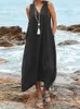 Casual Dresses 2022 Summer Casual Solid Sleeveless VNeck Long Dress Women Fashion Loose Backless Chic LaceUp Dress Simple Linen Big Hem Dress Z0216