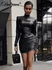 Casual jurken dulzura pu lederen mini -jurk ruches Turtleneck lange mouw bodycon bandage sexy streetwear Party Elegant Autumn Winter Club Z0216