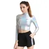 T-shirt da donna Camicia a maniche lunghe glitterata Donna Dolcevita PU Maglietta punk lucida Top bustier sexy Wetlook Pole Dance Clubwear Crop Tops