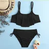 Costume da bagno intero per bambina con balza nera in tinta unita per bambini Costume da bagno per bambini in due pezzi con laccetto laterale Bikini 7-14 anni Costume da bagno per bambina Abbigliamento da spiaggia