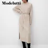 Casual Dresses Modelutti 2022 New Spring Autumn Wool Sweater Fashion Belt Slit Knit Midi Dress Solid Color Simple Casual Temperament Top Women Z0216