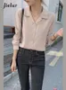 Blouses -shirts voor dames Jielur Witte shirts lange mouw met lange mouwen met één borsten knop Elegant kantoor dame v nek werk blouse vrouwen chique Korea top 230306