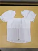 Women's Blouses - Woman Summer Short Linen Top vierkante nek met fronsende puff mouwen geplooide rug ritsen bijgesneden blouse