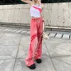 Women's Jeans American Style Vintage Washed Raw Edge Fashion High Waist Casual Trousers Wide Leg Jeans Women Y2k Streetwear Baggy Pink Pants 230303