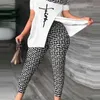 2023 Summer New 3xl Women Two Piece Pants Outfits Irregular Short Sleeve One Off Shoulder Tops And Leggings Matching Set