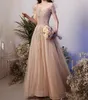Luxury Champagne Long Evening Dresses Boat Neck A-line Shiny Sequined Lace Applique Beaded Long Prom Off The Shoulder New