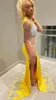 Sexy Yellow Sheer Prom Dress Lace Applique Sider Split Formal 2024 Evening Gowns Maxi Night Party Outfits Mermaid Women Robe De Soiree