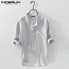 Männer Casual Hemden INCERUN Männer Hemd Baumwolle 3/4 Ärmel Stehkragen Harajuku Tops Einfarbig Vintage Marke Shirts Streetwear Camisa Masculina 230306