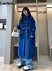 Women's Wool Blends Lautaro Autumn Winter Long Loose Stylish Blue Black Ruffled Woolen Coat Women Lantern Sleeve Elegant Luxury Designer Clothes 230306