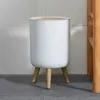 Waste Bins Wooden Trash Can with Lid Press Garbage Rubbish Bin High Foot Waste Container Organizer Bathroom Kitchen Decoration 230306