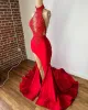 2023 Sexy Rote Meerjungfrau Abend Formales Kleid High Neck Spitze Perlen Satin Silt Prom Party Geburtstag Verlobung Kleider Robe De soiree