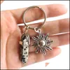 Keychains Lanyards Alloy Sun Sunshine Natural Stone Hexagonal Column Couple Keychain Women Rose Quartz Key Chains Trinket Dhu7B