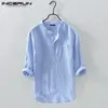 Männer Casual Hemden INCERUN Männer Hemd Baumwolle 3/4 Ärmel Stehkragen Harajuku Tops Einfarbig Vintage Marke Shirts Streetwear Camisa Masculina 230306