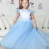 Girl's jurken mode baby meisje prinses vlieg veer mouw tule jurk lang kind vintage tutu vestido feest optocht verjaardag baljurk 1-10y