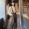 Women's Two Piece Pant Sets Plaid Mopping Jumpsuits Long Sleeve Stand Collar White Shirts Retro Females 2 Pecs Vintage Streetwear Spring Harajuku 230306