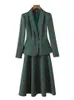 İki Parçalı Dres resmi etek takım elbise zarif bayanlar yeşil kahve ekose uzun kollu blazer aline iş işleri için set 230306