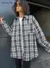 여자 블라우스 셔츠 mnealways18 패치 워크 흑백 격자 무늬 셔츠 여성 포켓 깅엄 블라우스 캐주얼 느슨한 긴 소매 프린트 탑 스프링 셔츠 230306