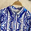 Casual Dresses Runway Autumn Women Lapel Button Up Long Sleeve Blue And White Porcelain Flower Print Slim Big Swing Party Vestidos