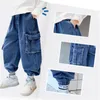 Jeans Vintage Children High Caist Lápis calça para meninos adolescentes Jeans de primavera de primavera com bolsos calças de moda infantil 230306