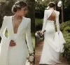 Simple Mermaid Wedding Dresses Plus Size for Bride Deep V Neck 3/4 Sleeves Backless Satin Sweep Train Beach Country Garden Bridal Gown vestido de novia Custom Made