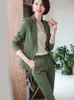 Women's Suits Blazers Arrival Ladies Pant Suit Formal Women Office Business Work Wear 2 Piece Set Green Pink Female Long Sleeve Blazer And Trouser 230306