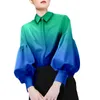 Women's Blouses Shirts Elegant Fashion Button Up Shirt Women Spring Vintage Puff Lantern Sleeve Blouse Female Printed Loose Gradient Tops Chic 230306