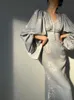 Abiti casual IEQJ Stampa Abiti eleganti per le donne 2023 Estate Nuovo Vneck manica lunga Slim Mermaid Midi Dress Fmeale Abbigliamento 3W3745 Z0216