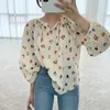 Kvinnor Bluses Korea Chic Summer Age Reduction Floral V-Neck Wild Hedging Loose Thin Puff Sleeve Shirt Top Women