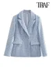 Damskie garnitury Blazers Traf Women Fashion Houndstooth podwójny piersi Tweed Blazer Płaszcz Vintage Long Rleeve Pocket Kobieta żeńska elegancka elegancka veste 230303