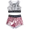 Roupas Conjuntos de 414 anos Girls Pink Sequin Crops Tops Shorts Jaqueta Dança Costume Hip Hop Modern Jazz Dance Stage Performance Wear 230303