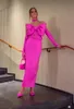 Elegant Fuchsia Sheath Formal Evening Dresses With Detachable Bow Long Sleeves Sweetheart Neck Back Slit Ankle Length Prom Women Modern Brithday Party Dress