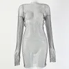 Casual Dresses DIRTYLILY Crystal Diamond Sexy Bodycon Dress Women Hollow Out Long Sleeve Mini Dress Summer See Through Party Dress 230303