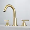 Bathroom Sink Faucets Black Double Handle Three Hole Basin Brushed Gold Brass Mounted Faucet And Cold Water Mixer Tap