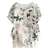 Women's Blouses 2023 Women's Summer Cotton Linen Blouse Shirts Tops Casual Round Neck Short Sleeve Flower Print Loose Shirt