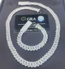 S925 Solid Silver Cuban Chain Jewelry 2Rows 10mm 12mm Bredd GRA Moissanite Diamond Cuban Link Chain Hip Hop Necklace