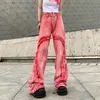 Женские джинсы в американском стиле винтажные вымытые сырые модные модные талия повседневные брюки широкие джинсы для ног Женщины y2k уличная одежда мешковатые розовые брюки 230303