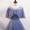 Robes de soirée élégantes en tulle bleu dentelle manches évasées vintage col rond paillettes brillantes perles princesse célébrité invité robes de soirée de bal