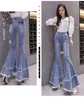 Jeans pour femmes évasés femme taille haute streetwear automne mode coréenne harajuku minceur effiloché couleur claire jean pantalons longs 230306