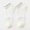 Women Socks Transparent Glass Fiber Shallow Boat Shiny Glitter Trim Foral Embroidery Low Cut Ultra-Thin Hosiery 37JB