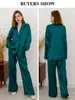 Women's Two Piece Pants Clacive Fashion Long Sleeve Blazer Two Piece Sets Women Outifits Casual Loose Office Pants Set Elegant Green Satin Trouser Suits 230303