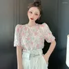 Bluzki damskie Przyjazd 2023 Letnie kobiety kwiaty szyfonowa bluzka vintage moda elegancka koralika o puff rękawy puchowe
