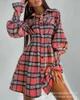 Casual Dresses Women's Shirt Dress Autumn Plaid Cardigan Mini Long Sleeve Single-Breasted High Midje Turn-Down Collar