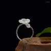 Klusterringar S925 Sterling Silver Retro Inlaid Natural Hetian Jade White Plum Blossom Wild Open Ring