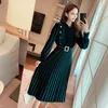 Casual Dresses 2023 Retro Velvet Stand-up Collar Office Lady Dress Slim Elegant Dark GreenWear Fashion High WaistMatching Belt Women Autumn