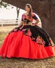Plus Size Black Quinceanera Dresses Mexican Charro Red Floral Corset Vestidos De 15 Anos 2023 Elegant Robe De Bal Sweet 16 Birthday Party Gown Ceremony Formal Dress