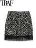 Skirts TRAF 2023 Spring Summer Women Vintage Printed Side Zipper Tassel Hem Mini Skirt Female Fashion Elegant High Waist 230303